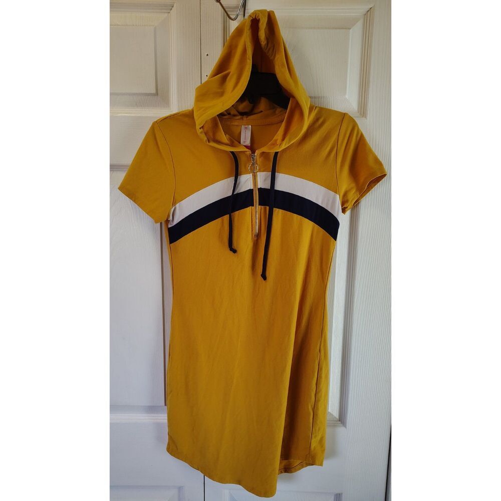 No Boundaries Y2K Retro Mustard Yellow Striped Zip-Front Hoodie Dress Medium